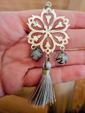 Handmade Silver Floral Pendant with Gray Agate Beads and Gray Tassel